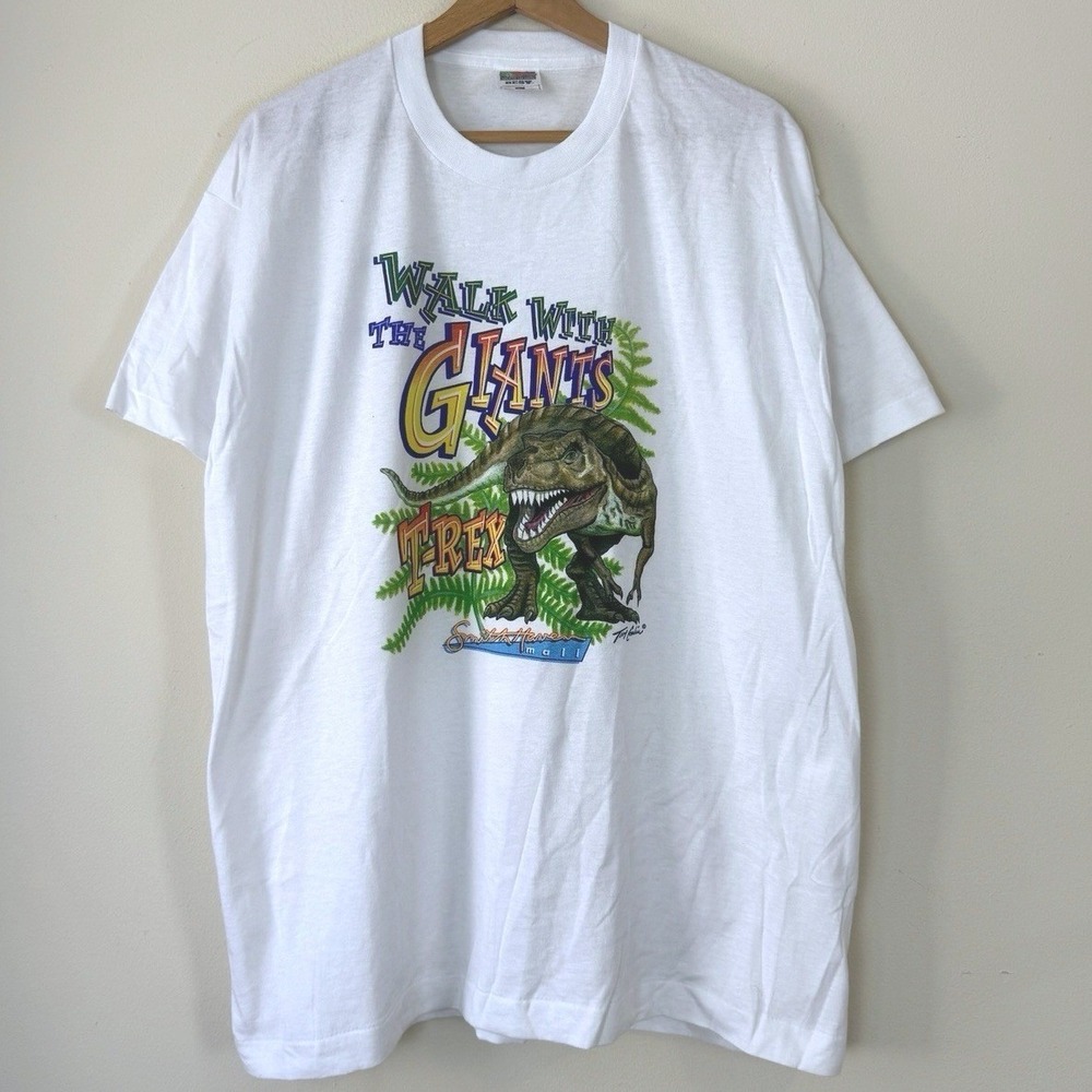 Vintage 90's T-Rex Dinosaur Smith Haven Mall Single Stitch White Tee Shirt - XL